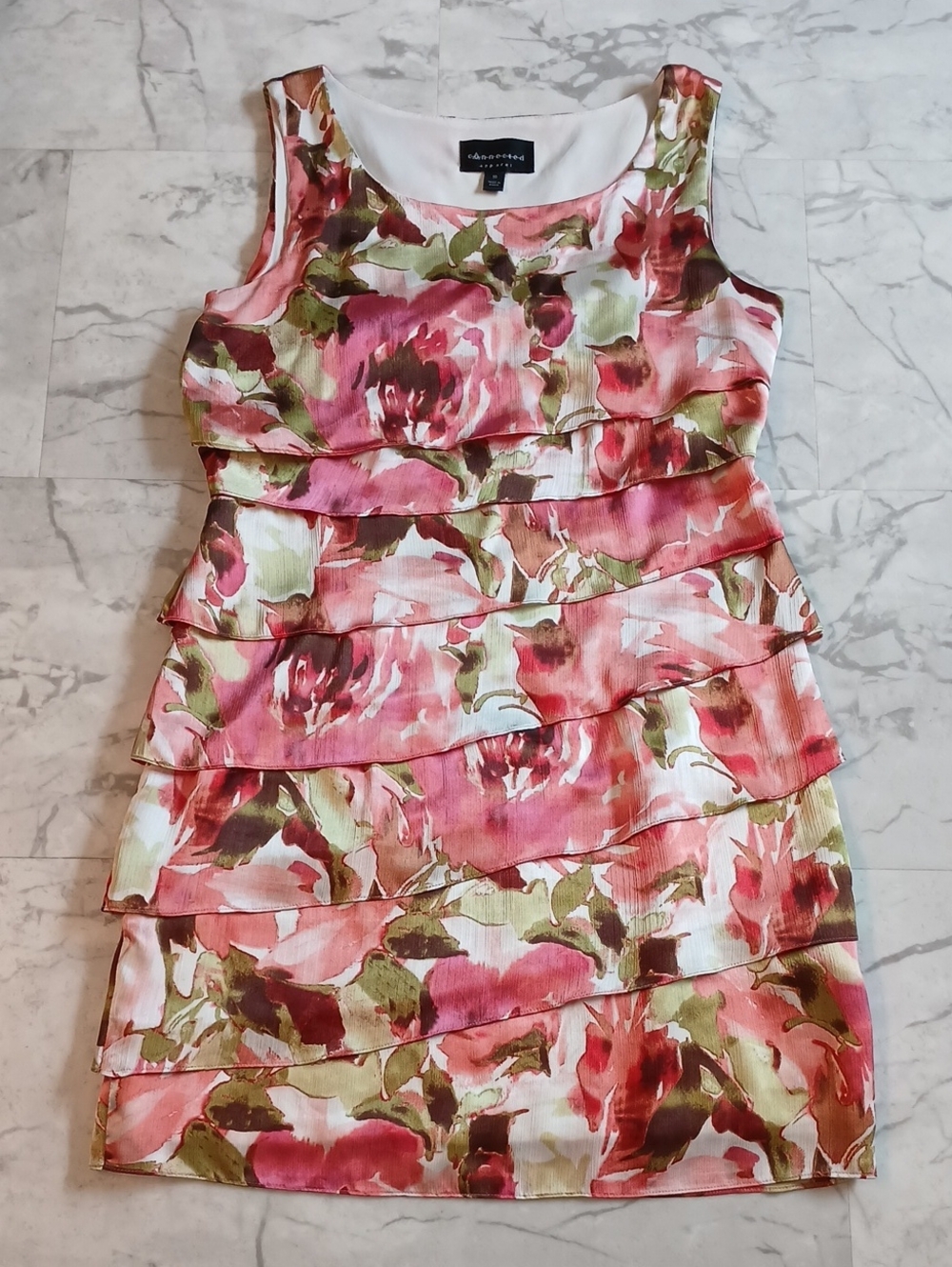 Connected Apparel Pink and Green Floral Tiered Mini Dress